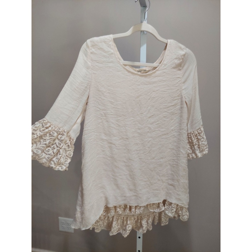 Indigo Soul Cream Lace Trim Crinkle Gauze Tunic Top Bell Sleeve M Lagenlook